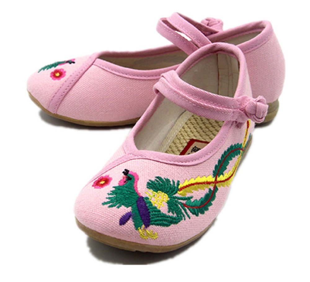 Tianrui Crown Children Girl's Phoenix Embroidery Mary-Jane Shoes Kid's Cute Flat Cheongsam Shoe Pink