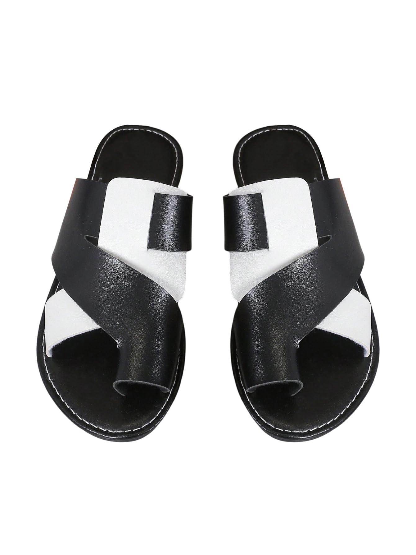 Women's Color Block Toe Ring Flats Criss Cross Two Tone Open Toe Slide Sandals