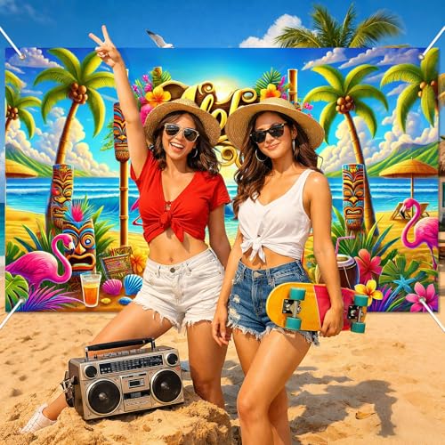 Image of BlissYard Aloha Beach Banner 71 x 43 Inch Hawaiian Luau Party Decorations Summer Beach Backdrop with Flamingo Tiki Mask Palm Tree for Summer Pool Party Photo Booth Wall Decor