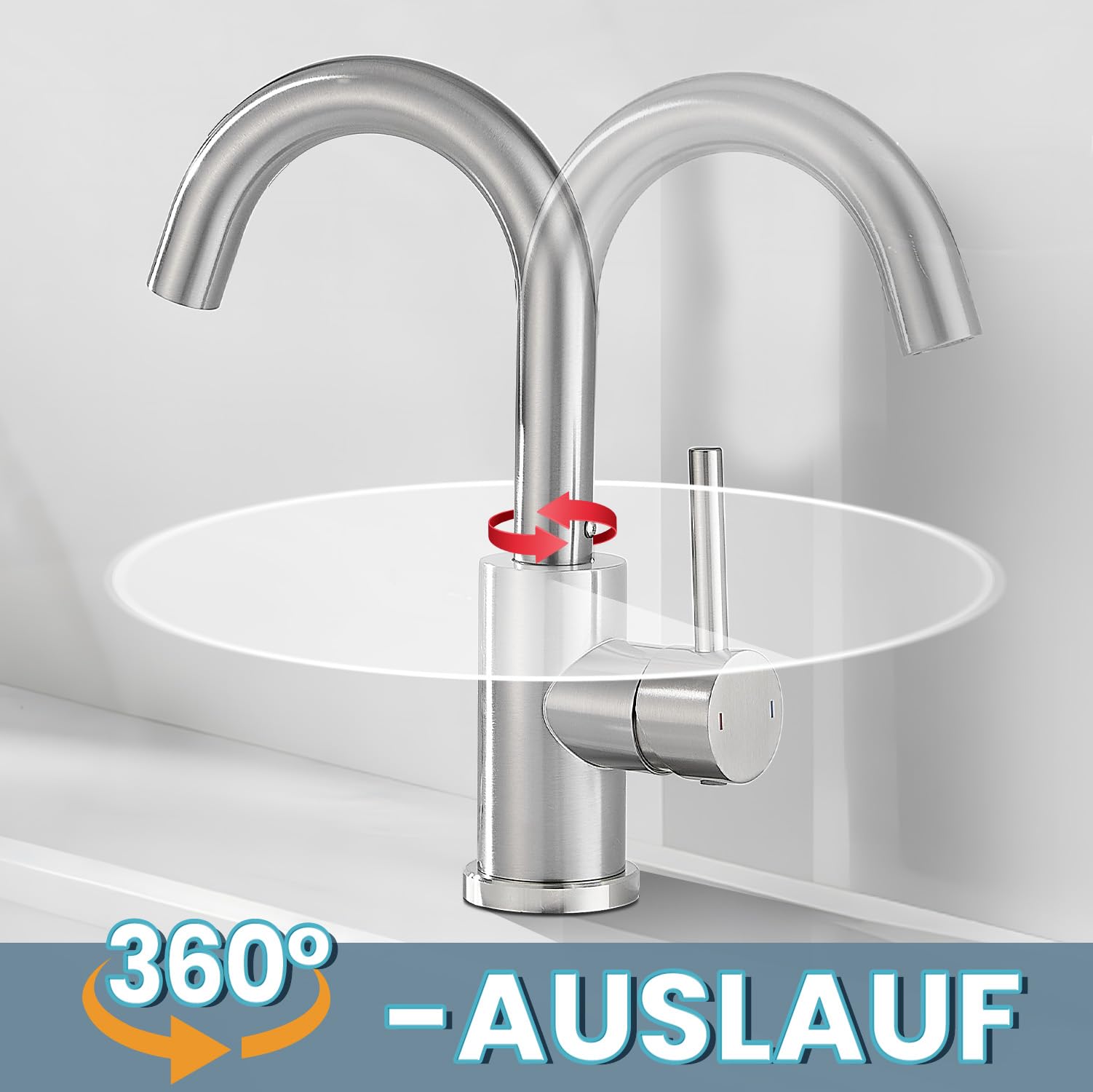 Rubinetto da bagno alto con piletta di scarico, spazzolato | Miscelatore monocomando girevole a 360°, rubinetto per lavandino in acciaio inox