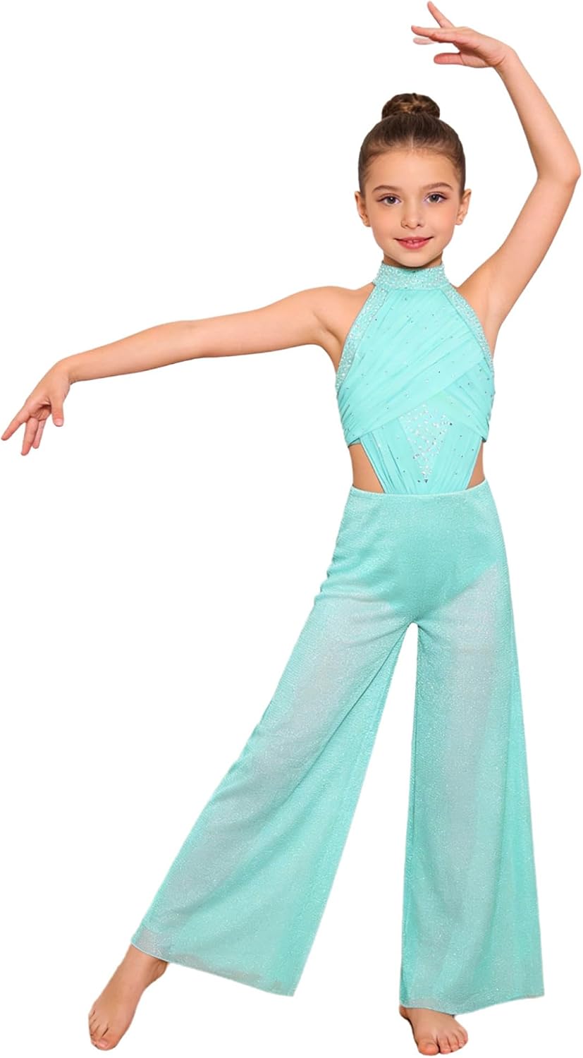 Hansber Kids Girls Wide Leg Jumpsuit Sleeveless Cutout Back Sequins Lyrical Ballet Leotard Dress Contemporary Dancewear
