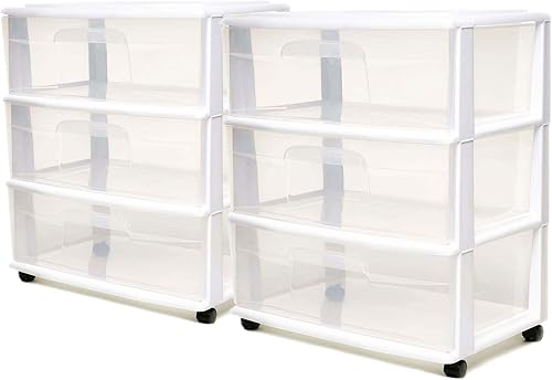 HOMZ Paquete de 2 torres de cajones, carrito organizador de almacenamiento de plástico transparente de 3 niveles de ancho, marco blanco