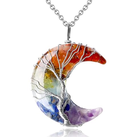 MAIBAOTA Healing Crystal Necklace, Tree Life Wire Wrapped Crescent Moon Necklace, Natural Stone Pendant Necklaces, Mothers Day Gifts for Mom, Gemstone Jewelry Gifts for Women