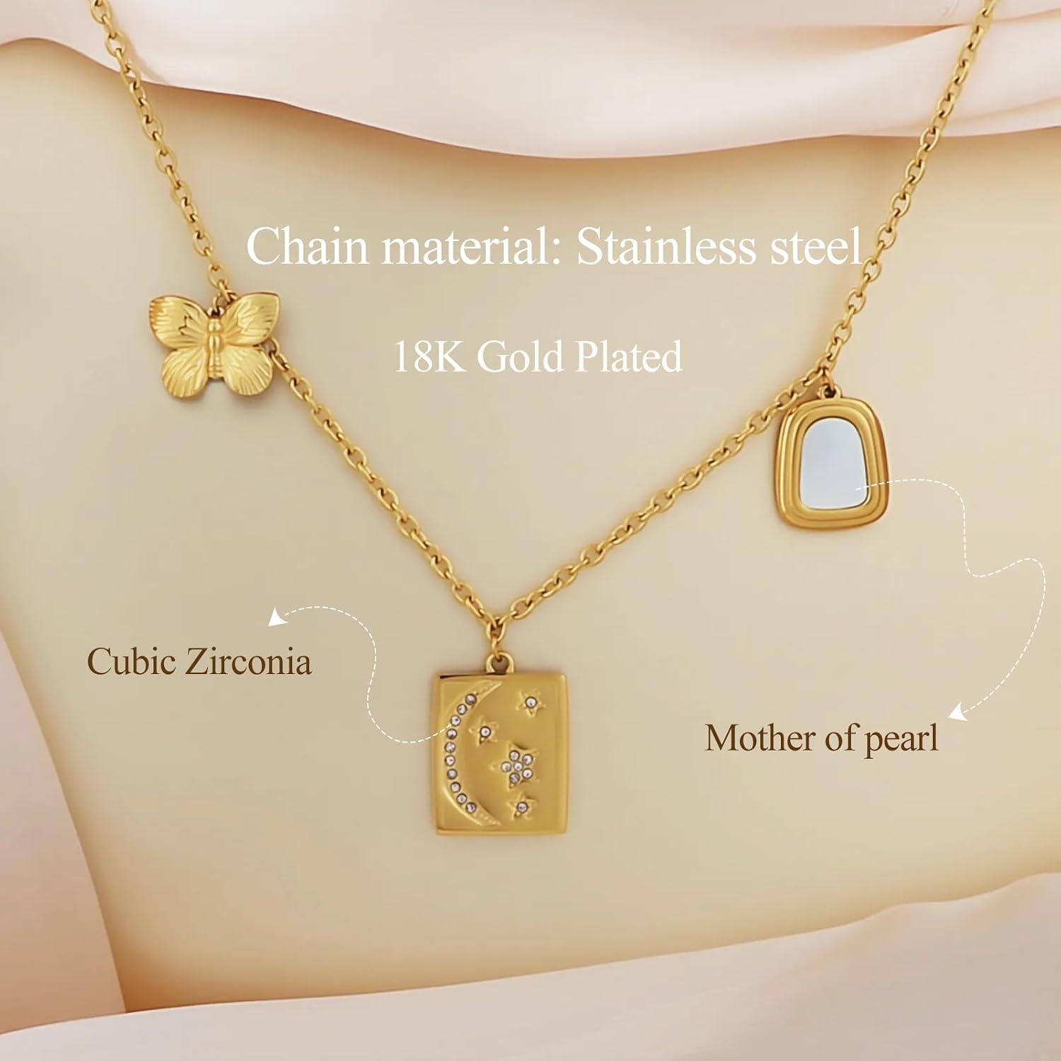 18K Gold Necklace Celestial Moon Star Pendant Dainty Butterfly Mother of Pearl Charm Station Necklace for Women Hypoallergenic Stainless Steel image 2