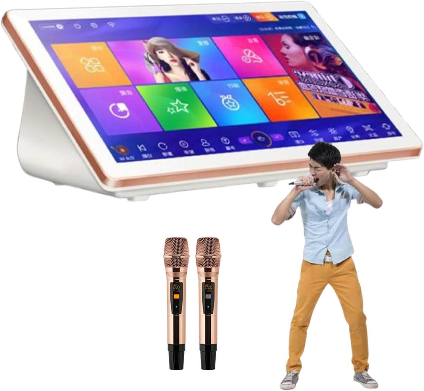 Macchina per karaoke da 18,5 pollici, lettore KTV touch screen con microfono wireless, sistemi portatili per karaoke, lettore karaoke tutto in uno,per famiglia/bar/festa,White-500G