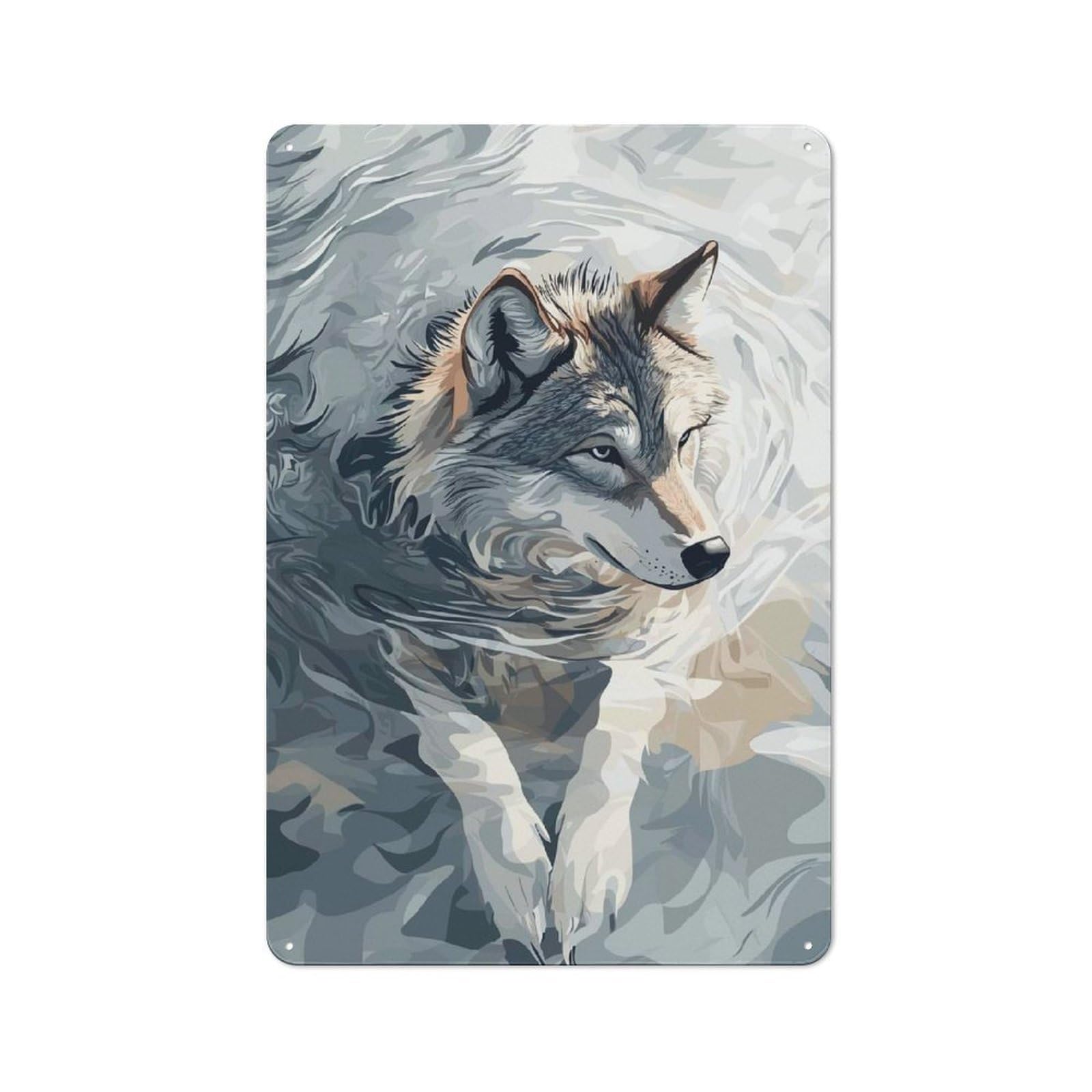 Junmoney Style Rustic Tin Sign 30X20cm Featuring Wolf Portrait In Abstract Water For Garage Or Workshop, For Garage, Workshop And Man Cave Decoration