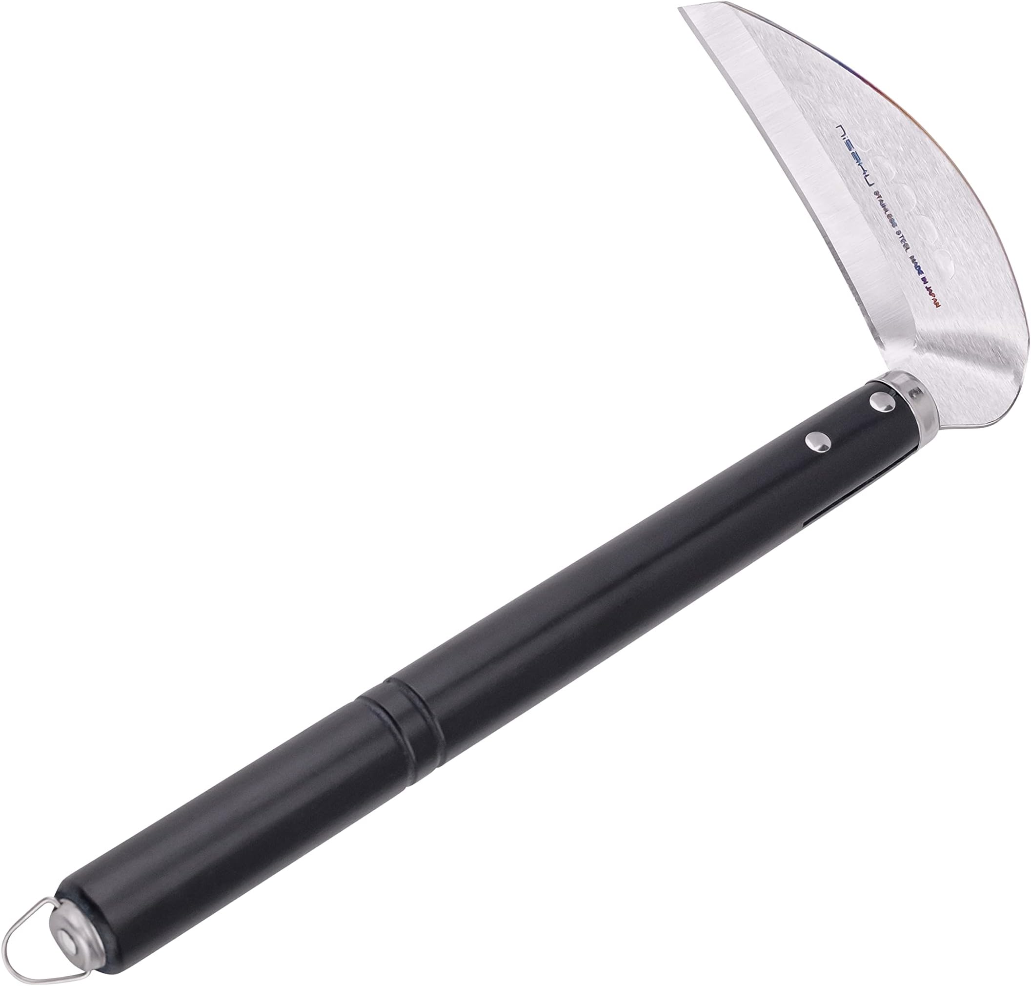Nisaku NJP115 Kogama Garden Weeder-Scraper-Hoe, Japanese Stainless Steel 4.25-Inch-Curved Blade, 9.5-Inch Black Lacquered Beech Wood Handle