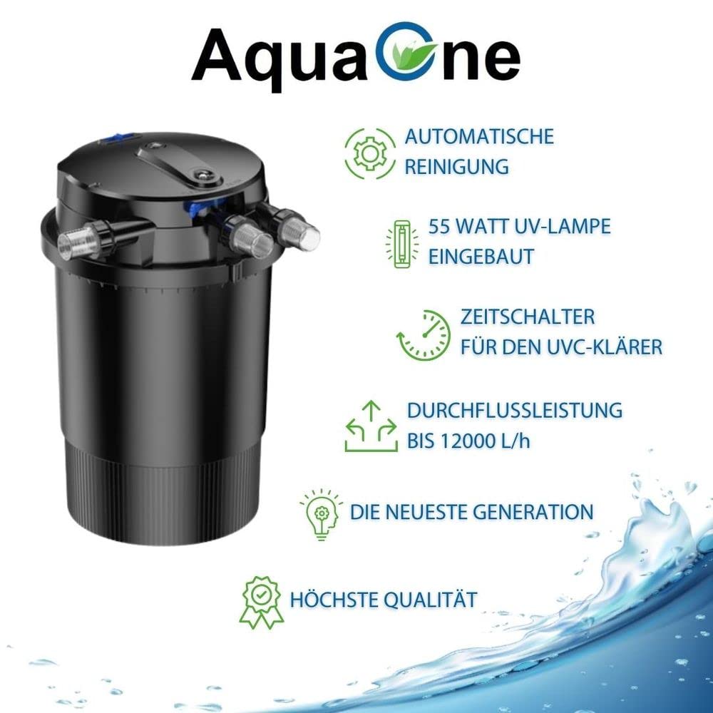 AquaOne Filtro per laghetto a pressione CPU-30000 I filtro per laghetti fino a 60.000 litri, filtro biologico per laghetto con chiarificatore UVC da 55 Watt con pulizia automatica e timer