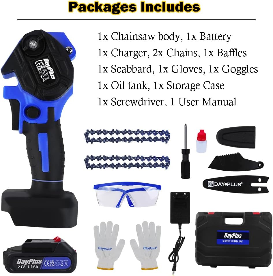 Cordless Mini Chainsaw, 6-inch Electric Power Chainsaw, 21V Rechargeable Battery Powered with Splash Guard and Safe Trigger for Wood Cutting Tree Trimming Gardening Camping