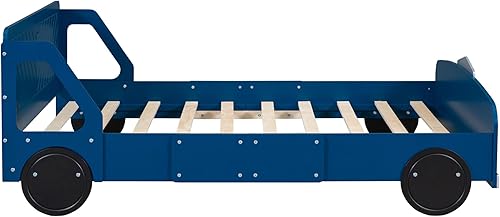 Miniatura 181 de Cama de plataforma en forma de auto de carreras con ruedas, cama de plataforma de madera tamaño individual con barandilla, cama de plataforma para