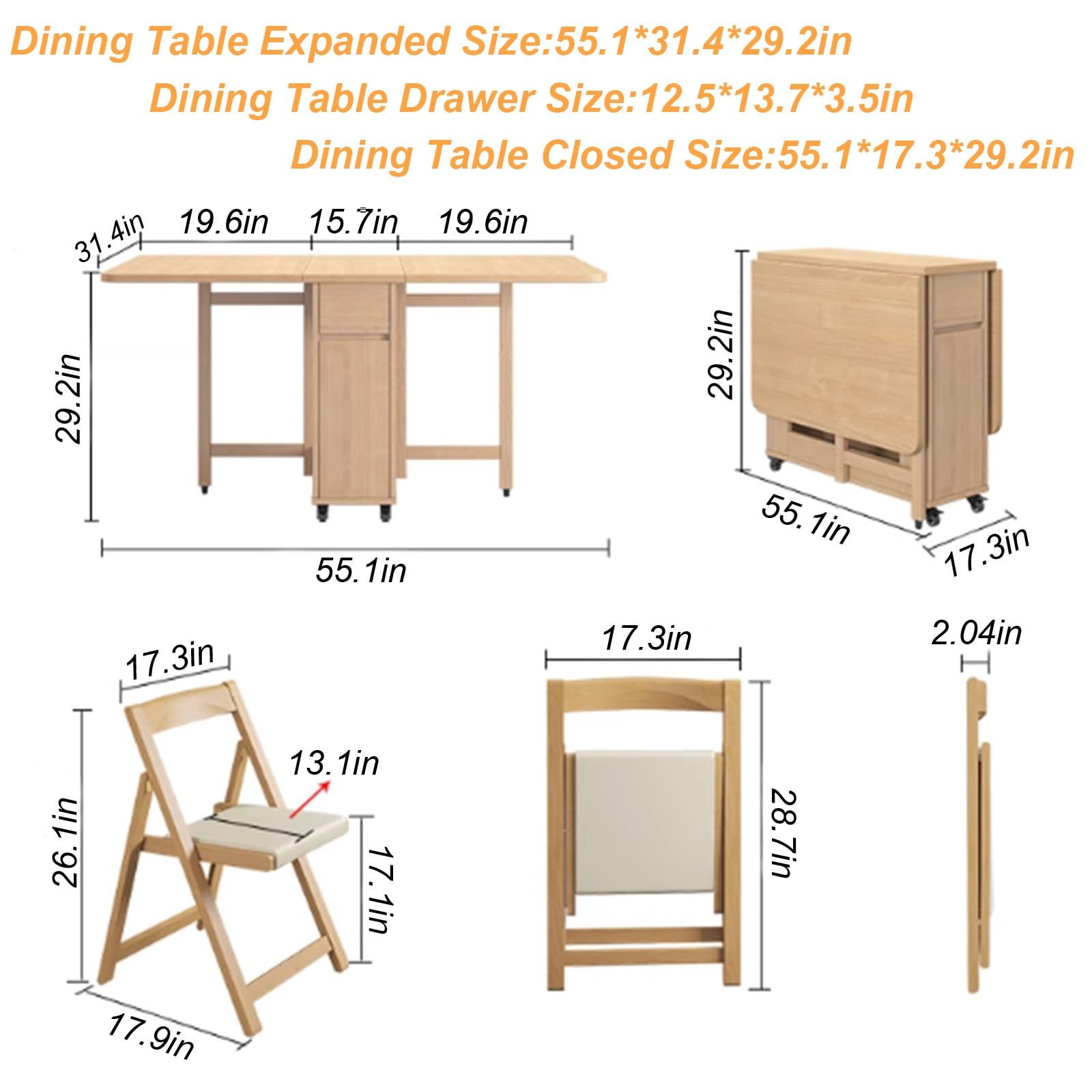 Tavolo pieghevole in legno massello, Set tavolo da pranzo con 4 sedie, Cassetto portaoggetti, bancone della cucina per la sala da pranzo di casa, il soggiorno, salvaspazio