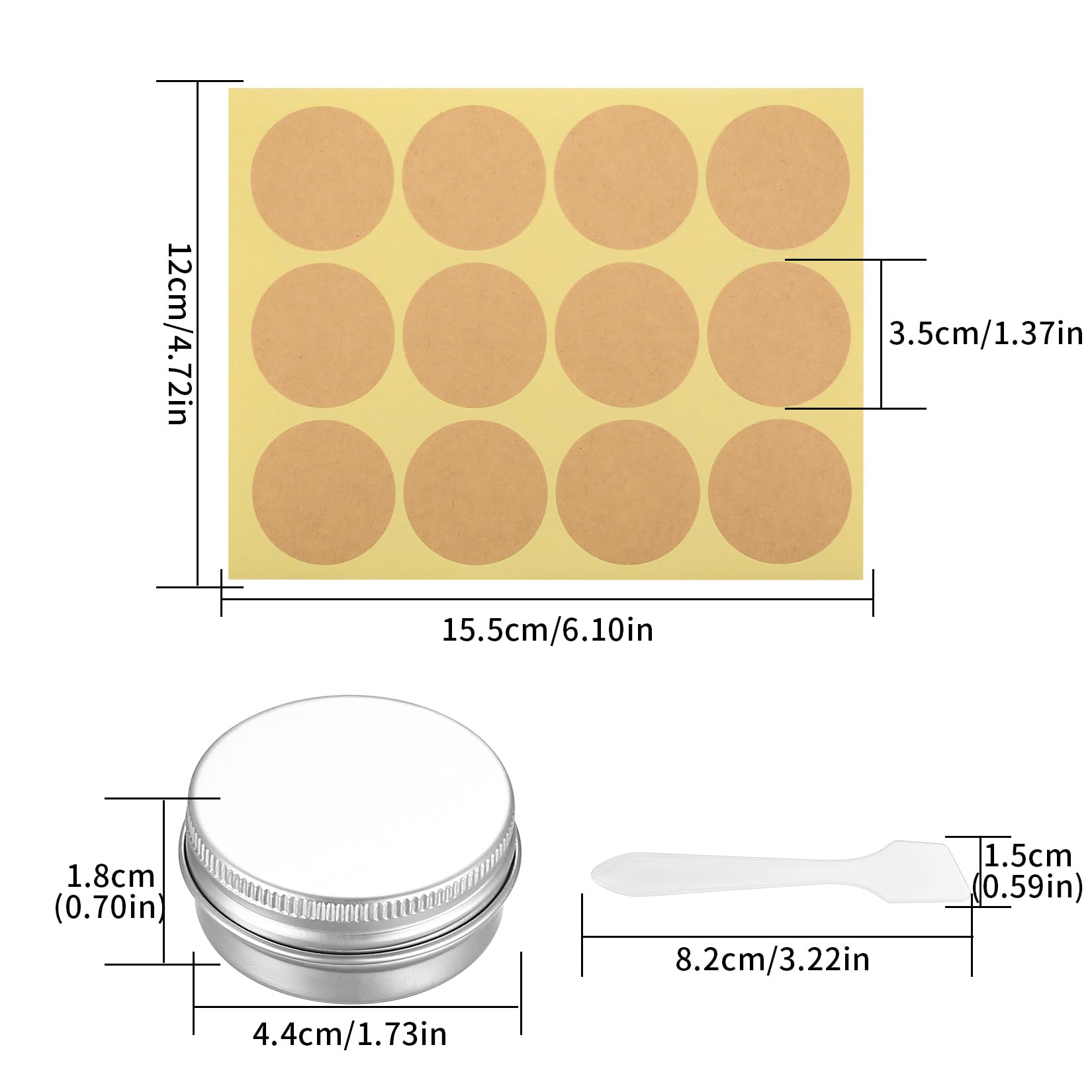 22 szt. puste okrągłe puszki aluminiowe, 15ml do napełniania. Małe metalowe pudełka z pokrywką, na próbki, kosmetyki, świece, maści. Z 6 szpatułkami i 24 etykietami.