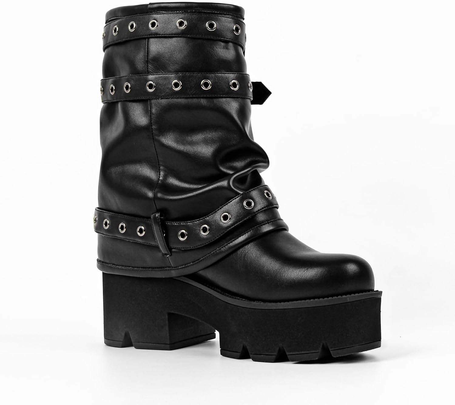 Only maker Women’s Platform Ankle Boots – Punk Block Heel Booties with Fold-Over Design, Straps Buckles Grommet Zipper Detail