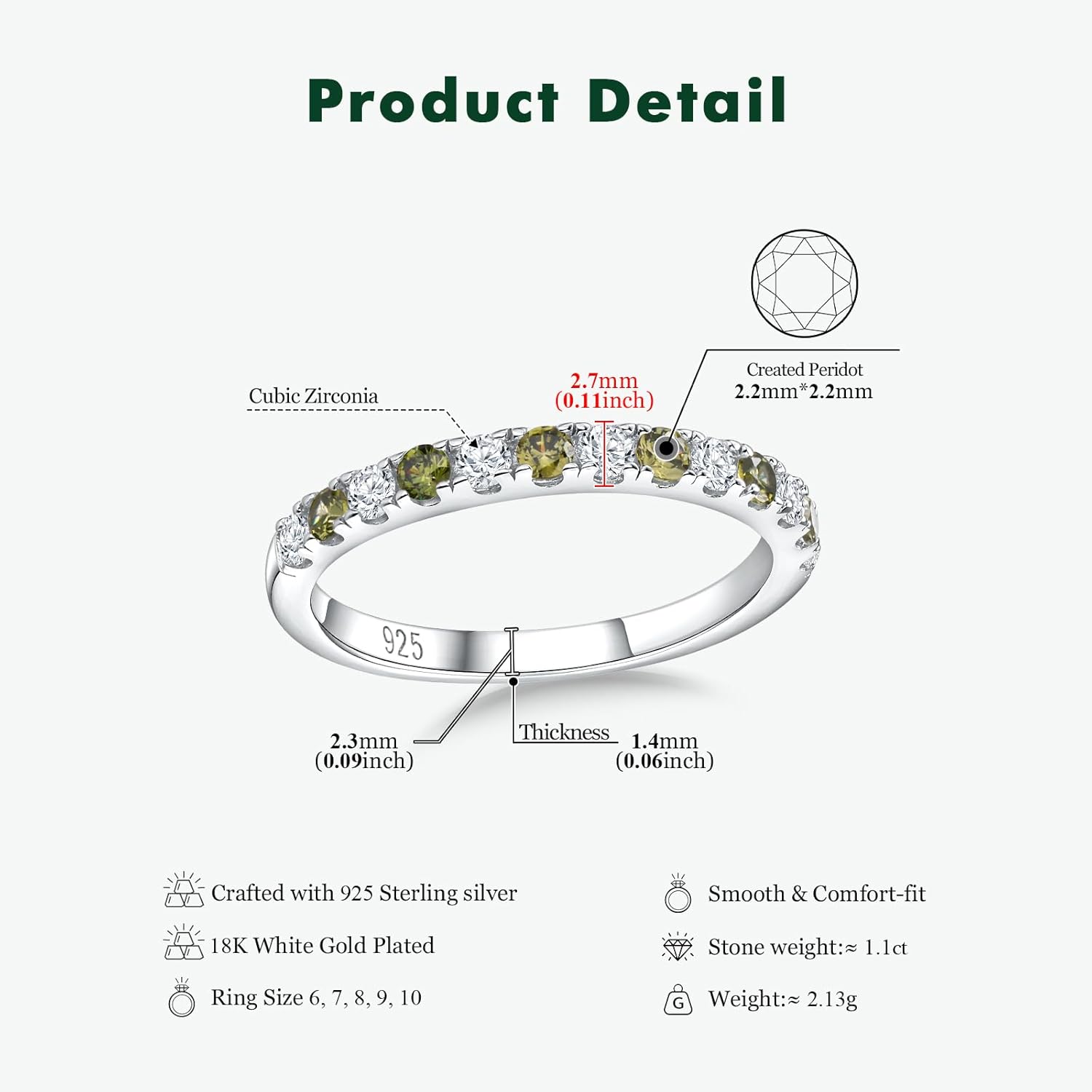 Birthstone Rings Eternity Band 925 Sterling Silver/Yellow Gold-Plated Created Gemstone Stackable Wedding Band 2.7mm Thin Half Eternity Rings for Women Size 6 to 10 - Image 6