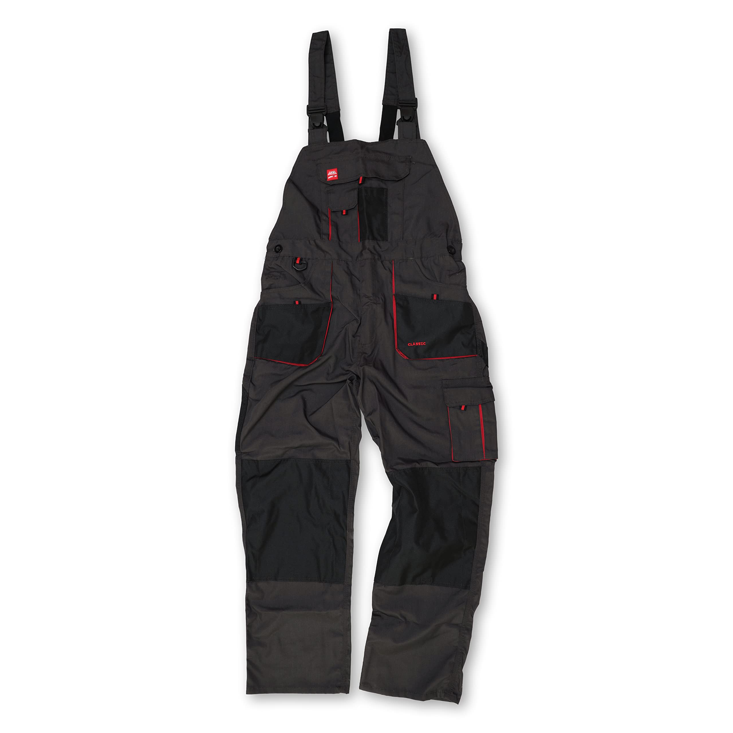 ART.MASClassic Bib and Brace Dungaree Overalls, Grey-Red, Pro Wear Workwear, S-3XL Size - Multipockets, Pocket For Knee Pads, Durable Triple Stitched Seams, 2xKnee Pads included (36/38 Inch - 54 EU)