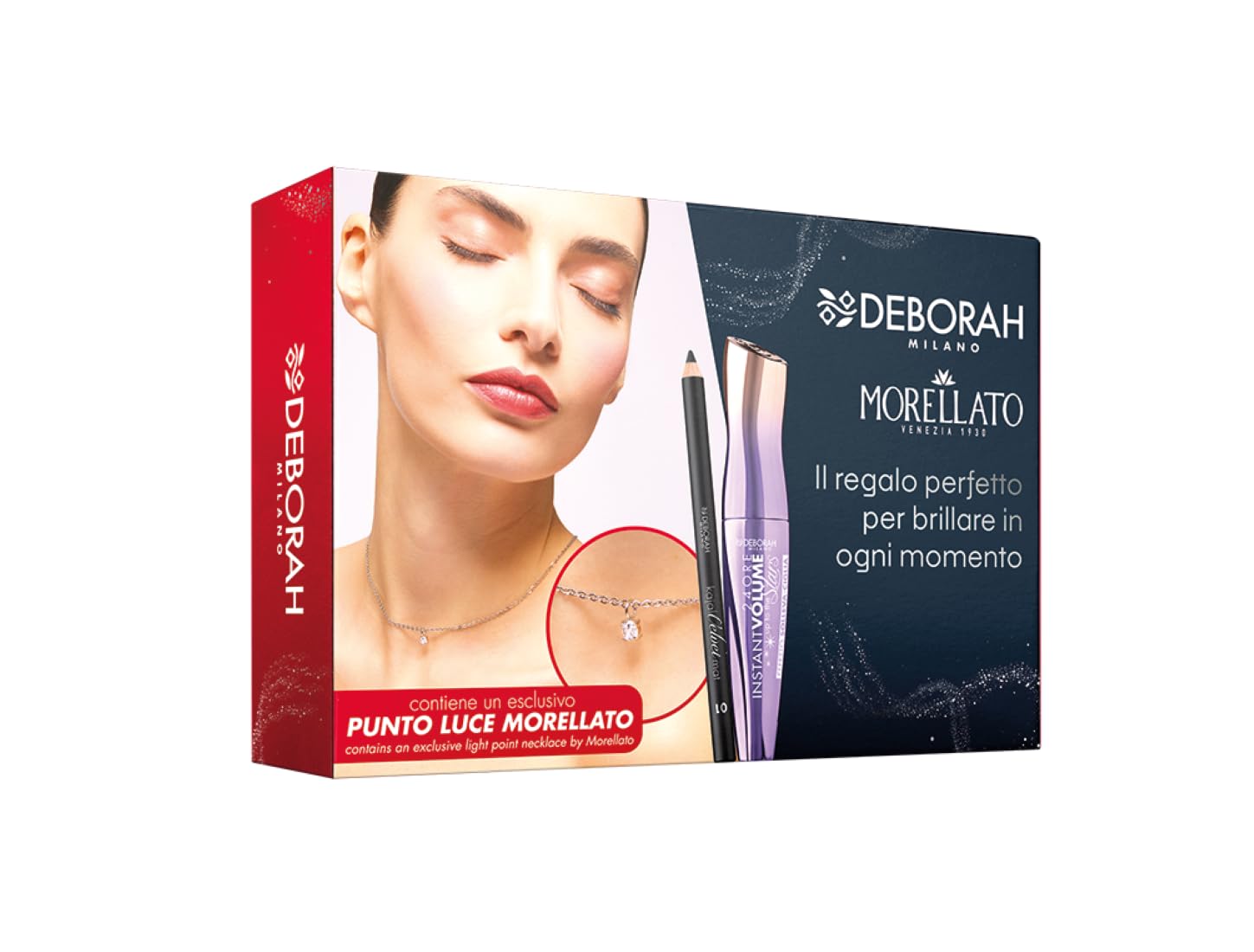 Deborah Milano - Set Make Up con Gioiello, Include Mascara Volumizzante Instant Maxi Volume Up to the Stars, Matita Kajal Nera Velvet Mat, Collana Punto Luce Morellato Donna in Acciaio Inossidabile