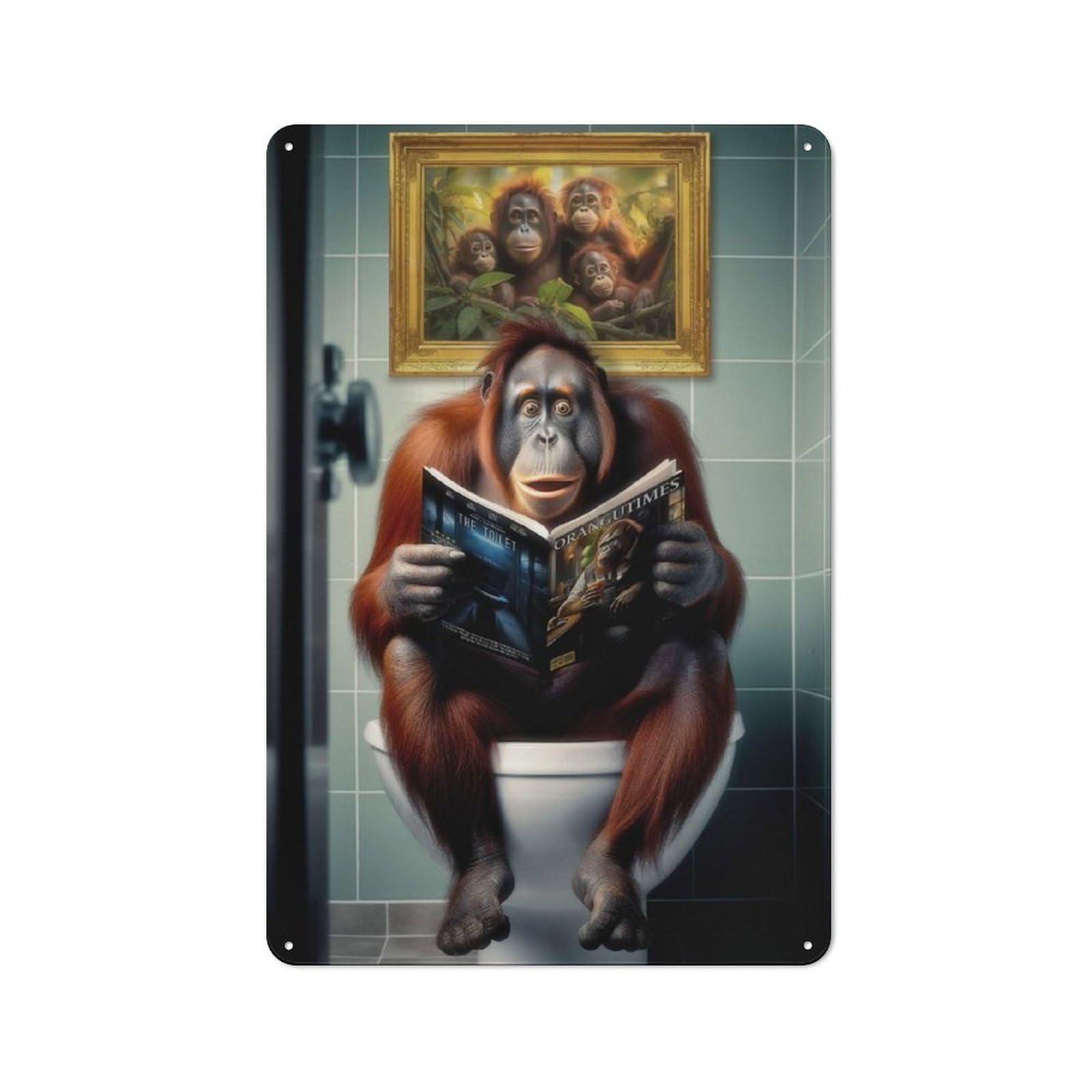 Bistro Style Orangutan on The Toilet Decorative Metal Plaque 30x20cm, Bistro Wall Plaque for Tea Room, Shop Wall Or Breakfast Area