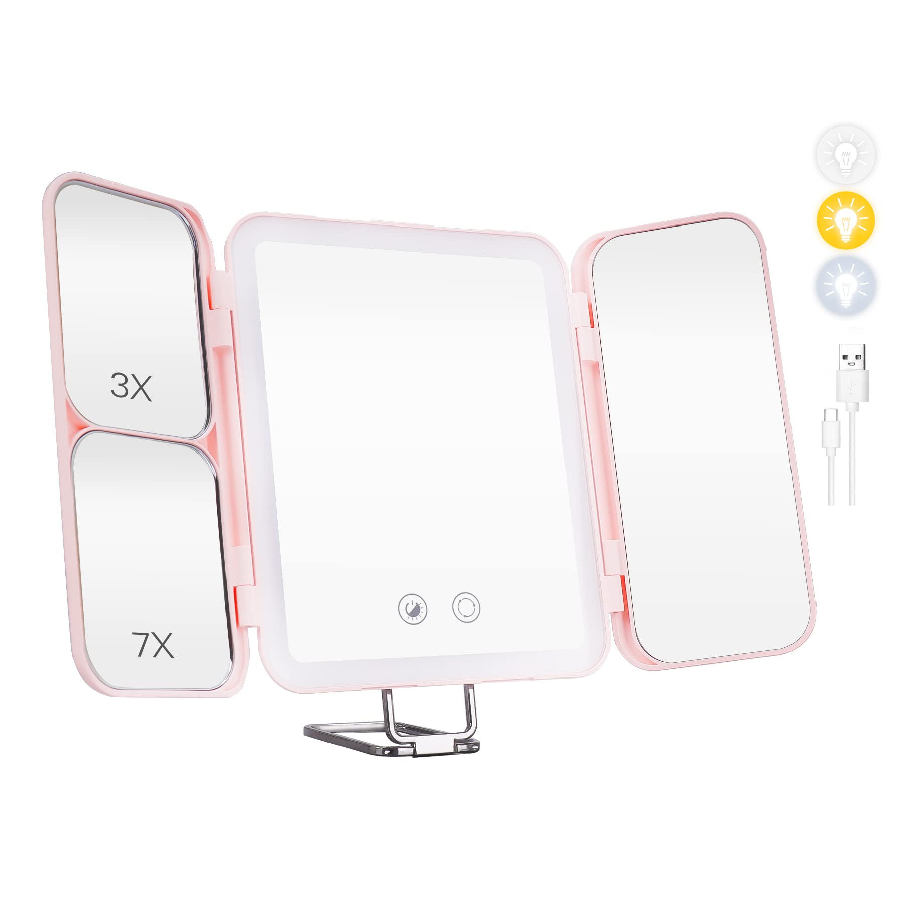 Tkaufen Small Travel LED Makeup Mirror, 28Hours Battey Life, 7X 3X 1X Magnifying Trifold Compact Lash Cosmetic Lighted Vanity Desk Handheld Mirror, Travel Essential for Case (Pink, 3 Fold)