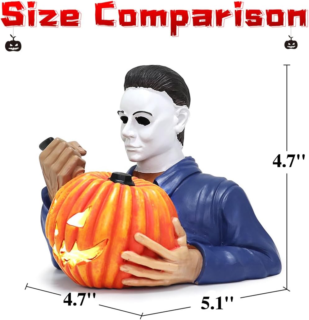 Kuberas Light Up LED Scary Killer Figure Garden Statue Pumpkins Mini Horror Movie Garden Statue Halloween Gnome Built-in Light Pumpkin Garden Gnomes Outdoor Decoration Halloween Props - Image 4