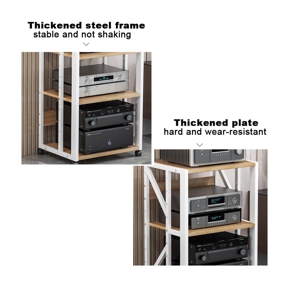 Supporto multimediale AV, Rack Audio Mobile, Rack Stereo a 3, 4 e 5 Livelli con Ruote, mobiletto portaoggetti con Altezza Regolabile, mobiletto Porta componenti Aperto HiFi (Nero, 5 Livelli)