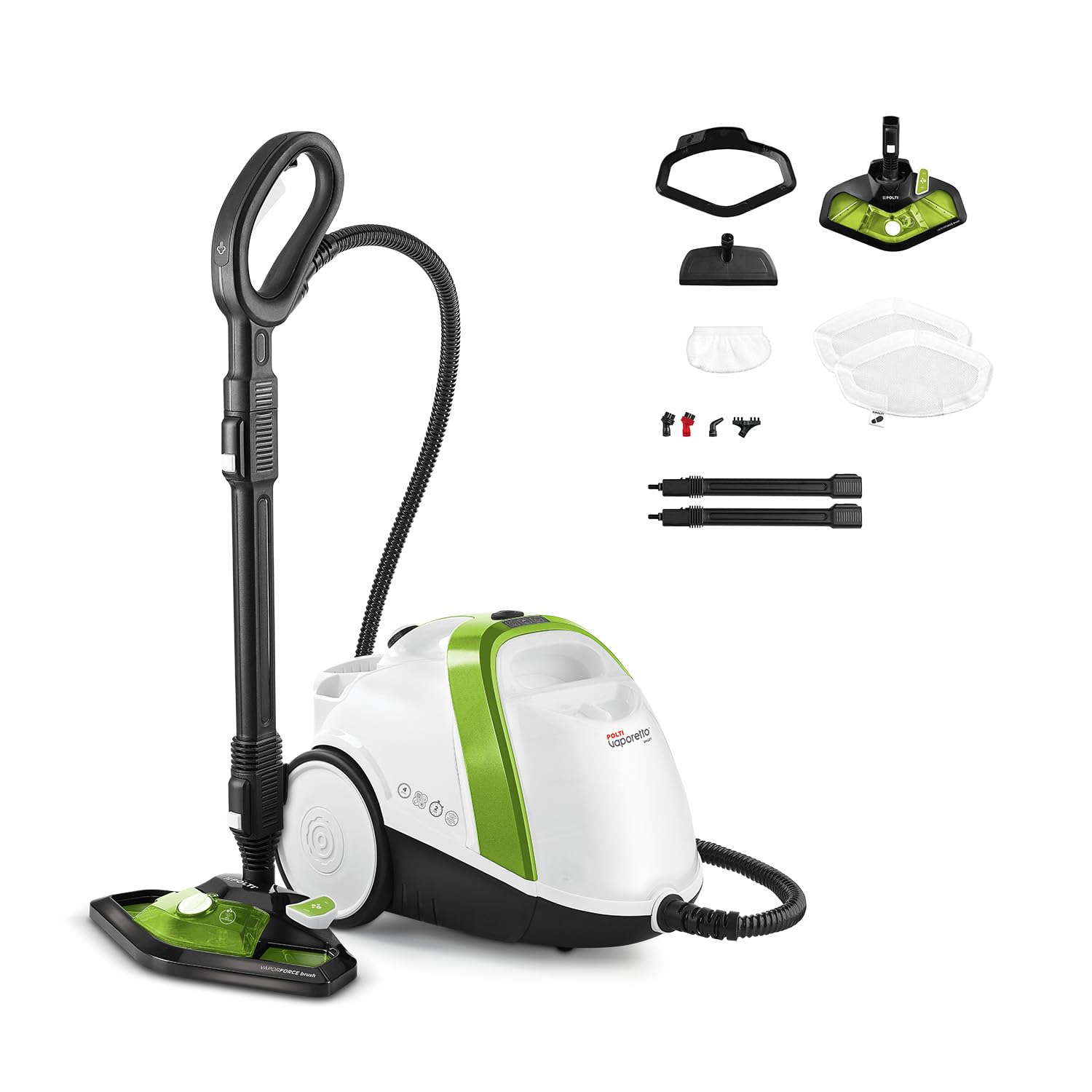 Polti Vaporetto Smart 110 Eco, Steam Cleaner with Boiler, 4 Bar Pressure, Max Power 1500 W, 2 L Removable Tank, Heats Up in 2 Minutes, 9 Accessories Included, Eco Function, White and Green
