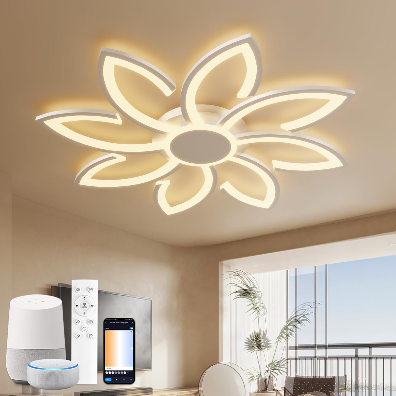 Plafoniera LED Soffitto Smart 80cm, Lampadario Moderno Design a Fiore Dimmerabile Compatibile con Alexa/Google Home, Luce con App/Telecomando per Salotto e Camera, 3000K-6500K, Bianco