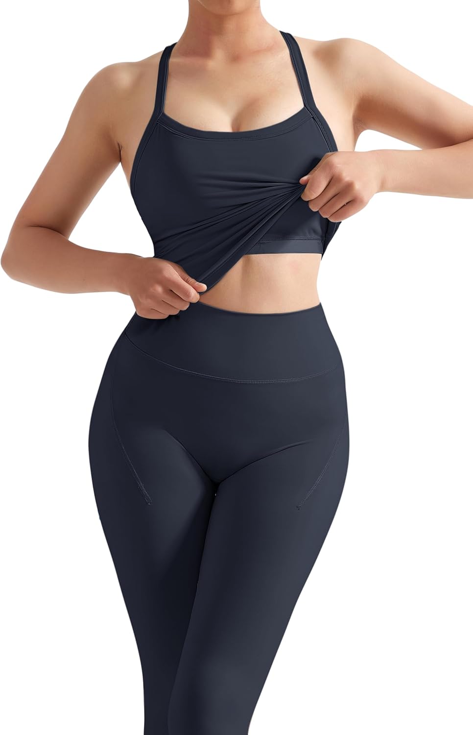 SUUKSESS Women 2 Piece Workout Sets Compression Tummy Control Leggings with Pockets Halter Built in Bra Tank Tops - Image 4