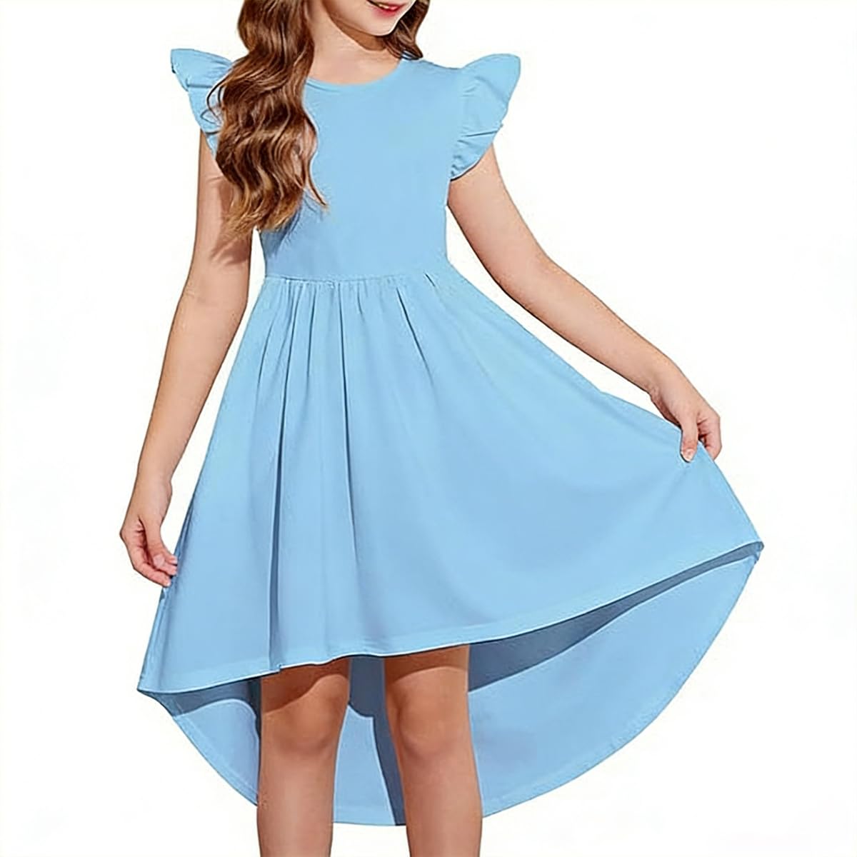 Vestido Niña Casual Corte A Dobladillo Asimétrico con Bolsillos Cuello Redondo Color Liso Elegante Vestidos para Fiesta — view 10