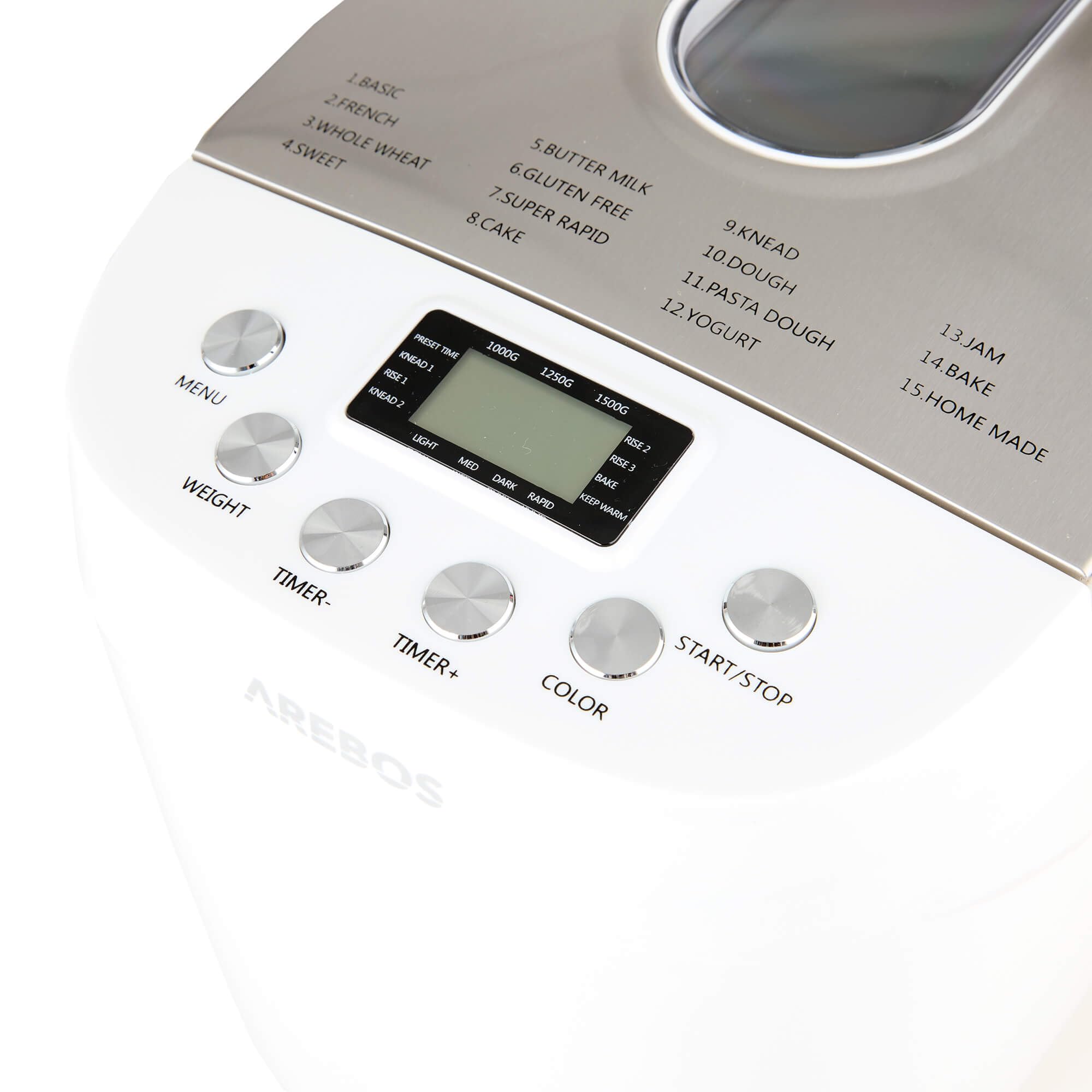 Arebos Wypiekacz do chleba 1500g | z 15 programami | 2 haki do ciasta | Timer | Wyświetlacz LCD | 3 poziomy przyrumienienia i rozmiary chleba | 850 W | Biały