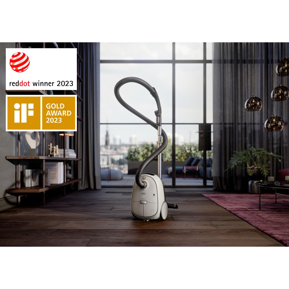 AEG AB61H6SW Staubsauger mit Beutel/hohe Saugleistung auf Allen Böden/inkl. Zusatzdüsen / 50% Recyclingkunststoff/ideal für Asthmatiker, Allergiker, Haustierbesitzer / 12 m Kabel / 850 W/weiß