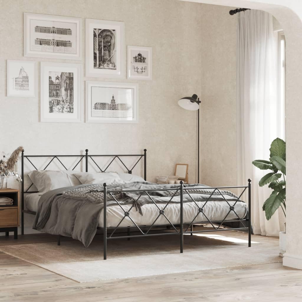 King Bed Frame Black Steel Platform Bed Frame Durable Heavy-Duty Slatted Foundation with Headboard Storage Easy-Assembly Modern Minimalist Bedroom Furniture Stable Mattress-Support
