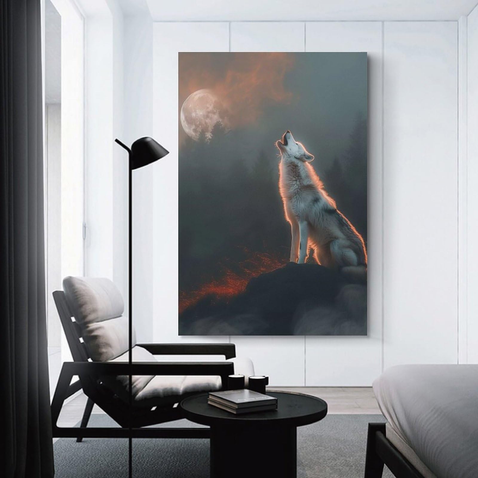 Junmoney Decorative Canvas Print Moonlit Howling Wolf, 24x36inch(60x90cm), for Home Office, Desk Area Or Studio, Home Office Artwork with Decorative Appeal