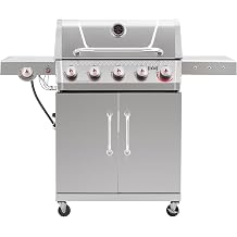 Feasto 5 Burner Propane Gas Grill with Side Burner and Sear Burner, Silver | All Stainless Steel BBQ Grill with Porcelain-Enameled Main Cook Chamber & Storage Cabinet for Outdoor, Patio, Backyard