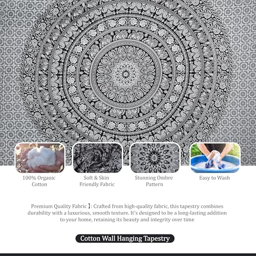 Image of Craft Trade 84x90 Inches Black and White Cotton Mandala Ombre Wall Hanging Tapestry