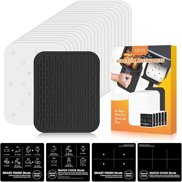 AIEVE Air Fryer Liners for Ninja Dual Air Fryer, 100Pcs Air Fryer Parchment Paper, DIY Blank Sticker and Silicone Air Fryer Basket Mat Compatible with Ninja AF400UK/DZ401 Air Fryer