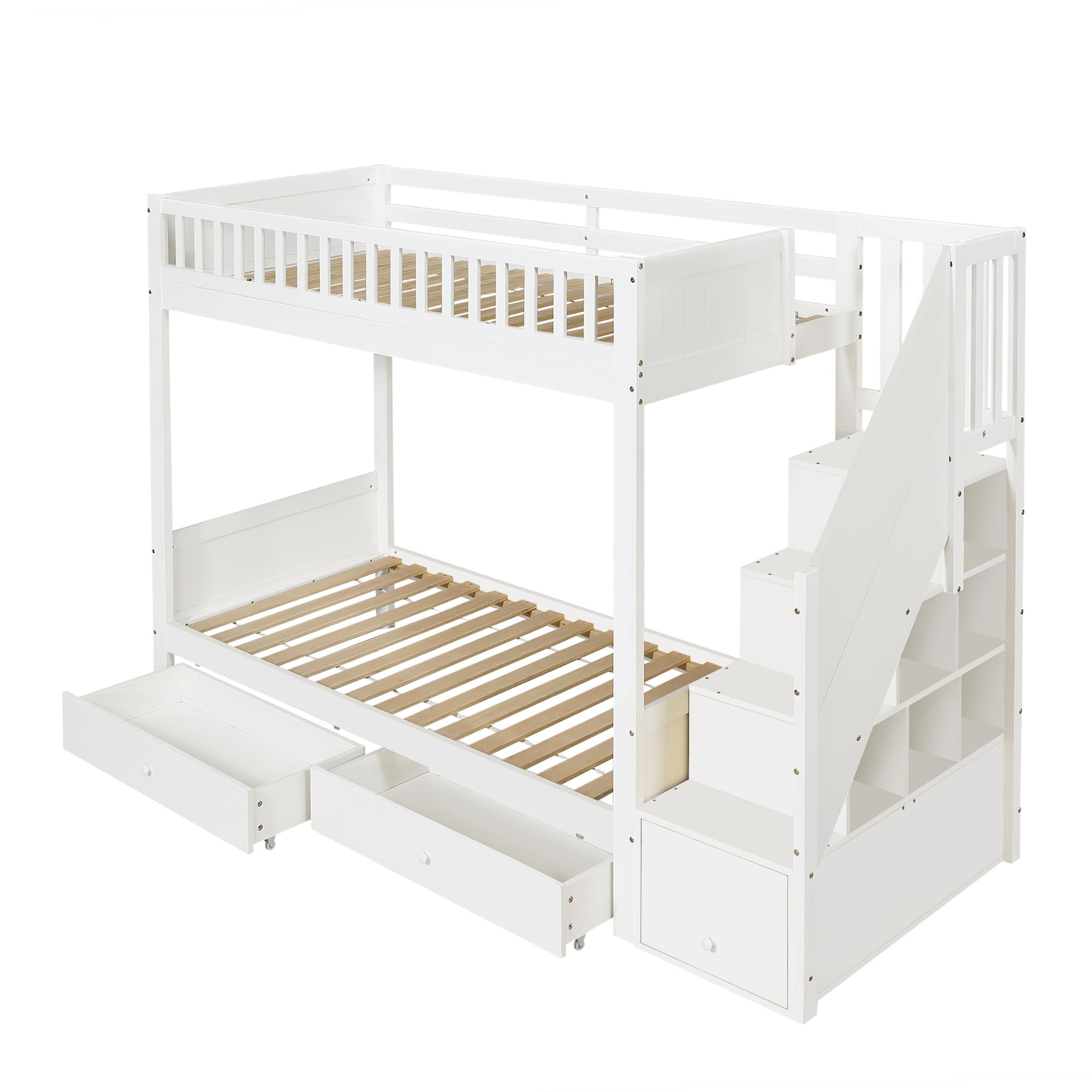 Litera blanca para niños, 90 x 200 cm, de madera, con escalera de almacenamiento, 2 cajoneras, protección contra caídas, cama alta para habitación infantil, sin colchón
