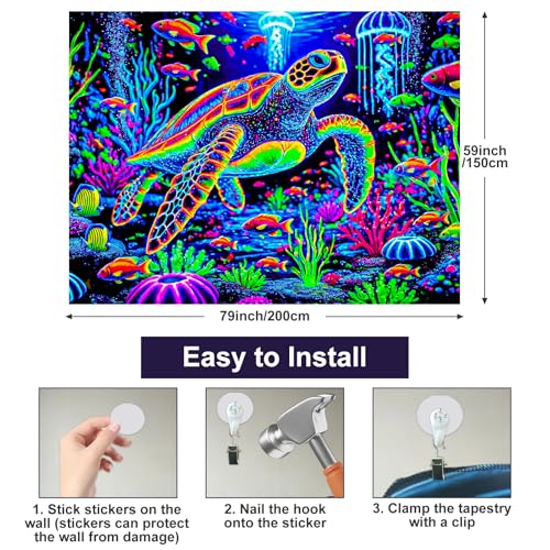 Image of BlissYard Blacklight Ocean Turtle Tapestry UV Reactive Neon Sea Turtle Wall Tapestry Underwater Animal Seashell Coastal Nautical Trippy Marine Wildlife Tapestry for Living Bedroom 51 inch X 78 inch