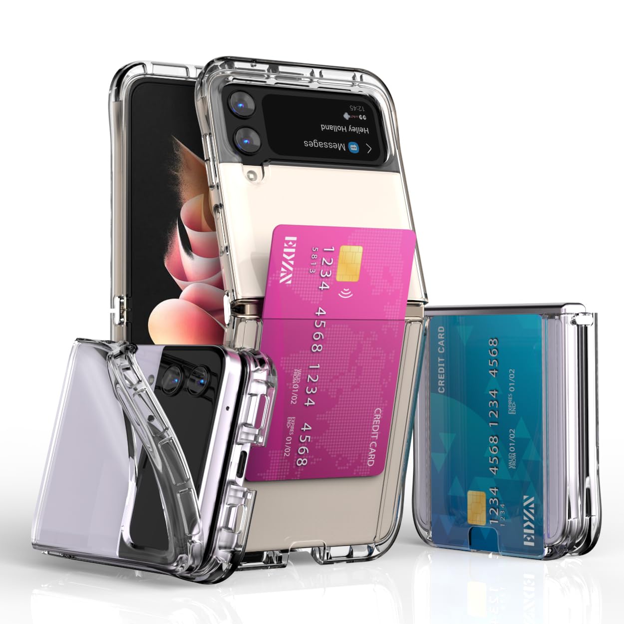 VVUPICfor Galaxy Z Flip 4 Case Cover Shockproof Clear 1-Card Slot TPU Rugged Transparent Silicone Case Z POP Metal Hinge-Hook