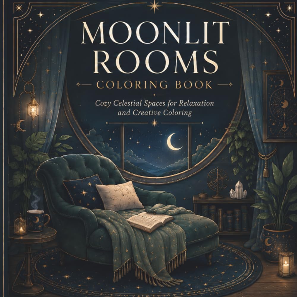 Moonlit Rooms Coloring Book: Cozy Celestial Spaces for Relaxation and Creative Coloring