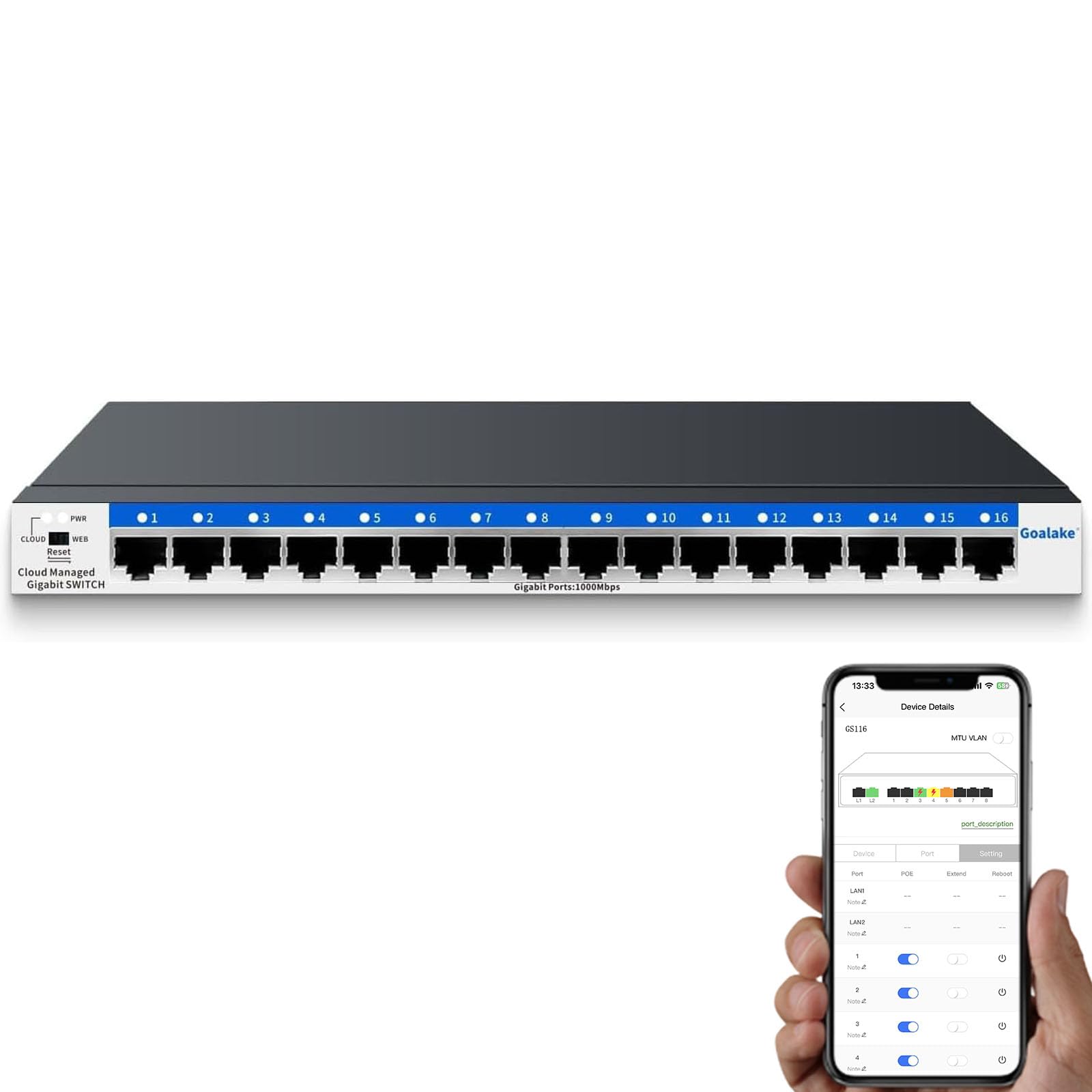 Goalake 16-portowy zarządzany przełącznik sieciowy Gigabit Ethernet, Easy Smart Ethernet Switch - Cloud Management - VLAN - Plug and Play - Stojak biurkowy lub ścienny.