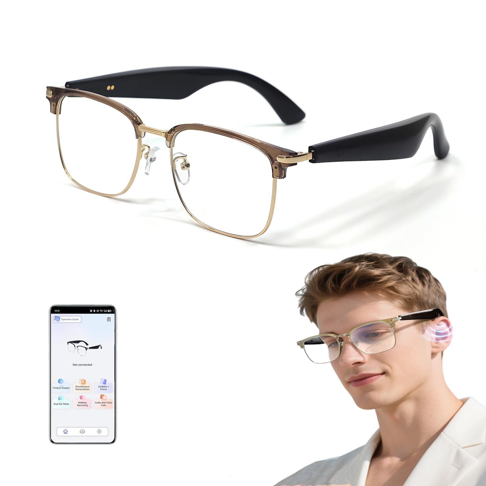 smart translation glasses with ai,smart bluetooth glasses for men, hd audio,real-time 110+ language translator, voice assistant,hands-free music/calls (brown)