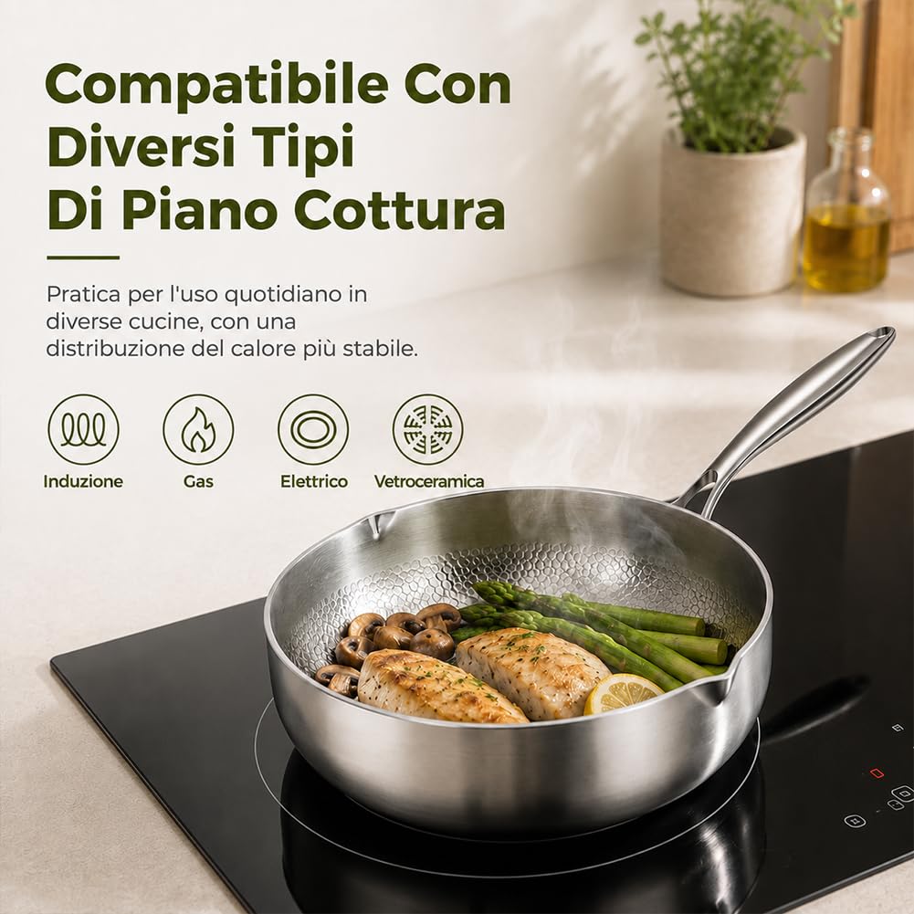 Padella Titanio Puro Antiaderente 18/20/22 cm, Padella in Titanio Senza Rivestimento, Lspessito Ultra-resistente/Resistente ai Graffi/Non Rivestito ，È dotato di coperchio：22cm