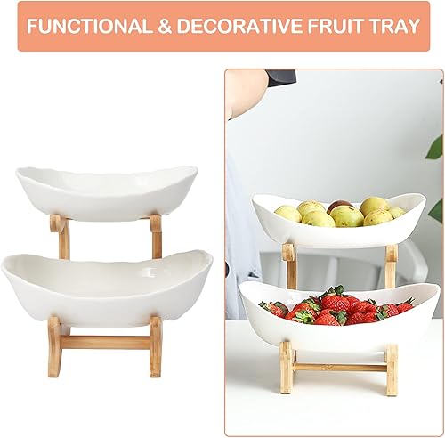 Miniatura 9 de Goyappin Frutero de cerámica de 2 niveles con soporte de madera de bambú soporte para cesta de frutas de cocina blanco juego de bandeja para servir