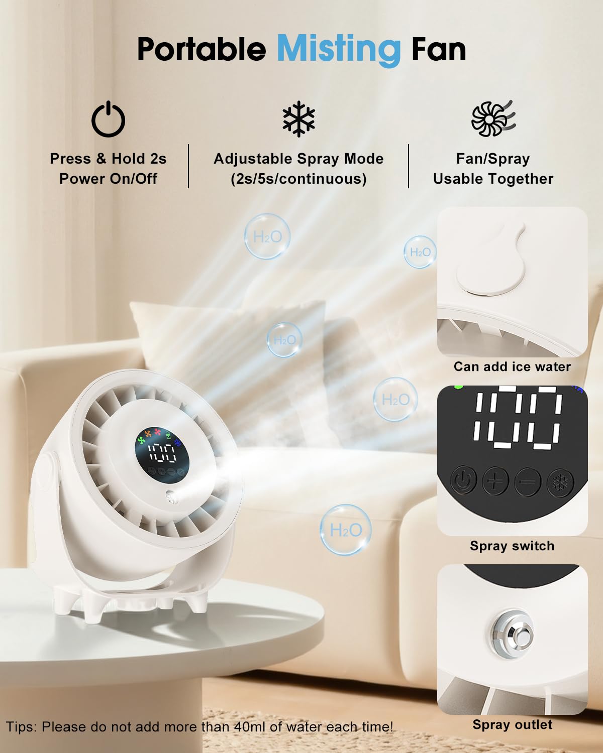Ouddy Mode Ventilador de escritorio portátil de 100 velocidades, silencioso, con pantalla LED, diseño de pared de 6.3 pulgadas, recargable por USB, para dormitorio, oficina, hogar, cocina, al aire