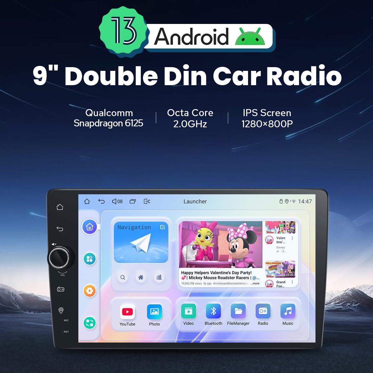 JOYING Double Din Radio 9 Inch Car Stereo with Apple Carplay & Android auto, Android 13 Head Unit 8GB+128GB with Mirror Link, AM/FM, Bluetooth, SWC, GPS(JY-UTD07N8)