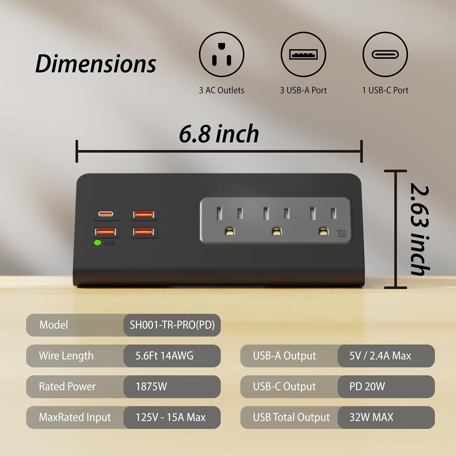Power Charge Station Edge clamp Mount 15A 1875W with USB-C portsTabletop Surge Protector Desk Clamp Power Sockets with 3 AC Outlets and 4 Fast Charging USB Ports PD 30W Fast Charging