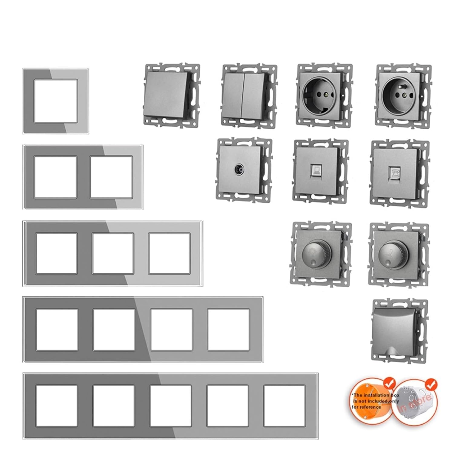 EU Sockets & Switches Set Grey Tempered Glass Panel with LED Dimmer & RJ45 Port |Modular DIY Design(2gang 2way)