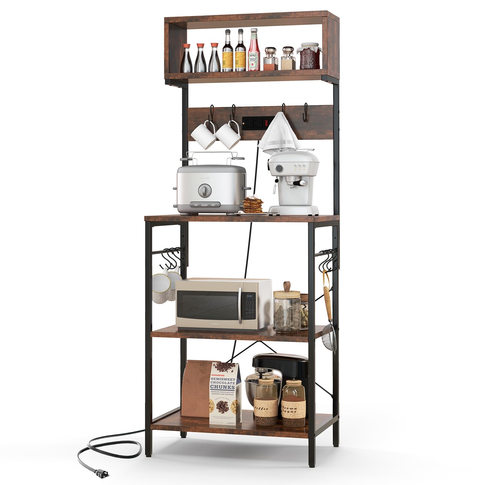 KOMFOTTEU Mensola da Cucina con Presa e 10 Ganci, Supporto per Forno a Microonde a 4 Livelli, 60 x 42 x 153 cm, Scaffale Multifunzionale in Acciaio, Scaffale Da Panetteria per Cucina e Sala da pranzo