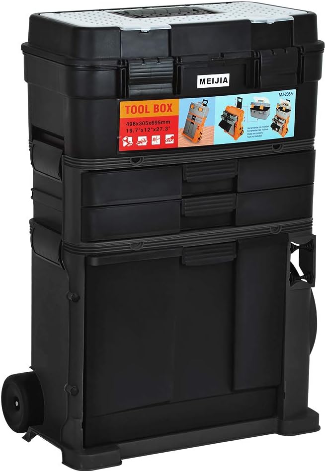 MEIJIA Heavy Duty 3-IN-1 Removable Storage Tray Rolling Toolbox With Retractable Handle, Removable Storage Tray –Chest & Cabinet Storage Box, Garage Toolbox Organizer,Black,19.1x12.40x28.03inches