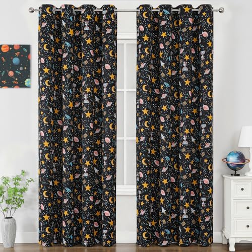 Image of Star Moon Black Out Curtains 90 Inch Long for Kids Bedroom /Nursery,52Wx90L | Estelar Textiler Grommet Thermal Insulated Room Darkening Drapes,Unicorn Planet Window Curtains for Boys Room,Pack of 2